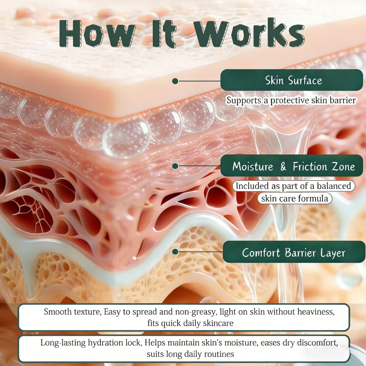 YUEOL used on inner thigh showing moisture control and gentle protection