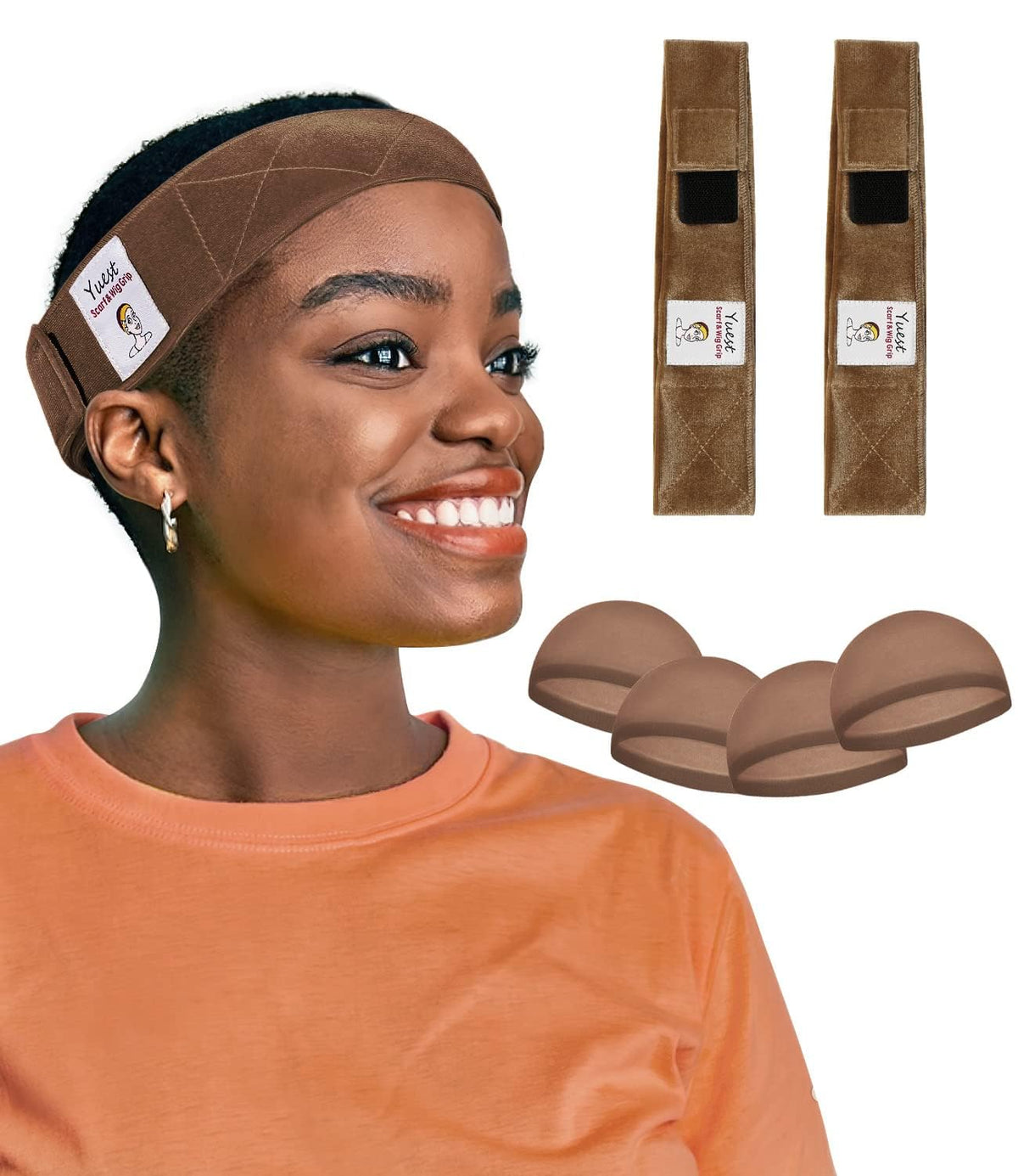Yuest front packaging showing two velvet wig grip bands and four caps for secure hold