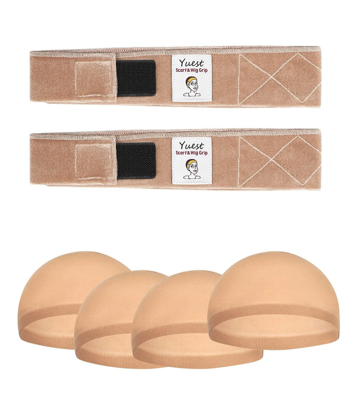 Yuest front packaging with two velvet wig grip bands and four caps for secure wear