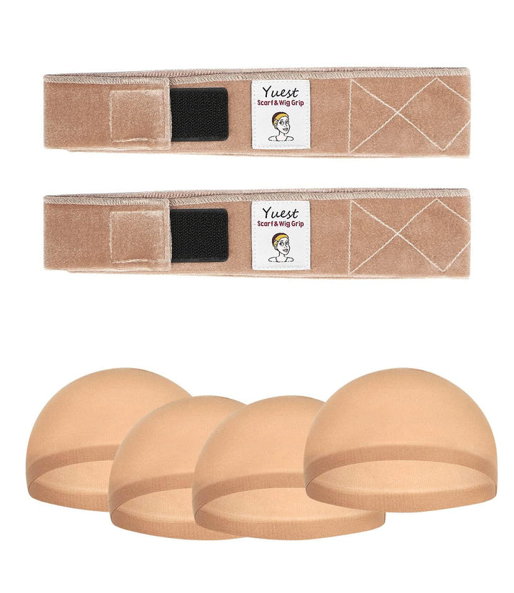 Yuest front packaging with two velvet wig grip bands and four caps for secure wear