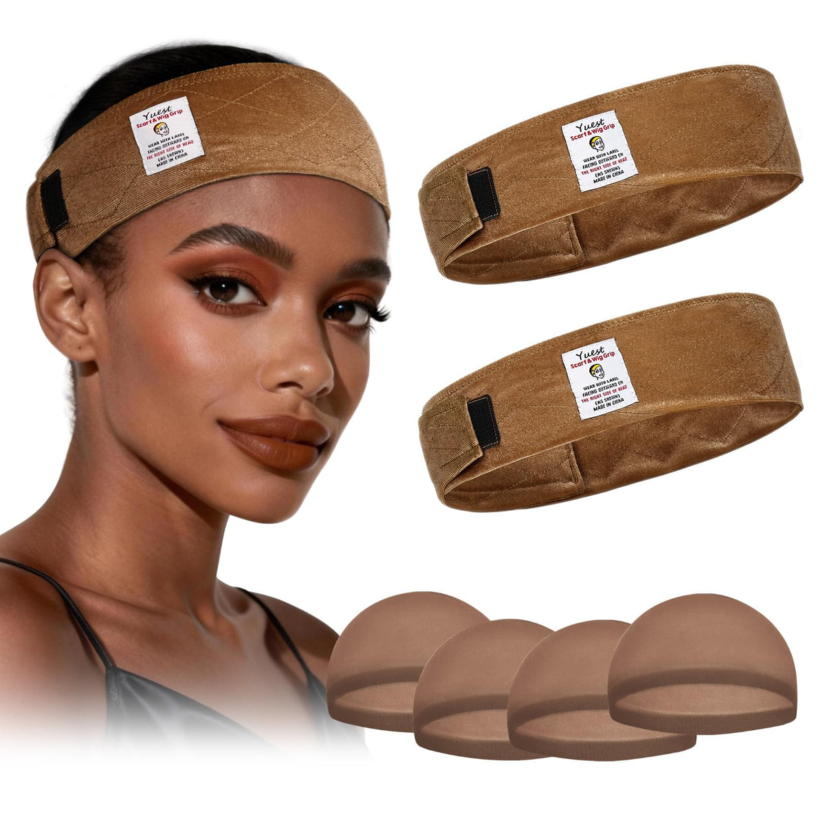 Model wearing Yuest headband under a wig illustrating stable, comfortable fit