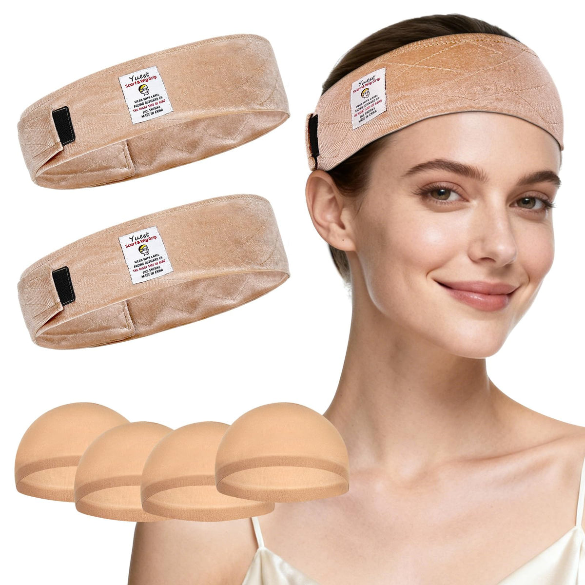 Model using Yuest band to secure wig, illustrating easy adjustment and hold