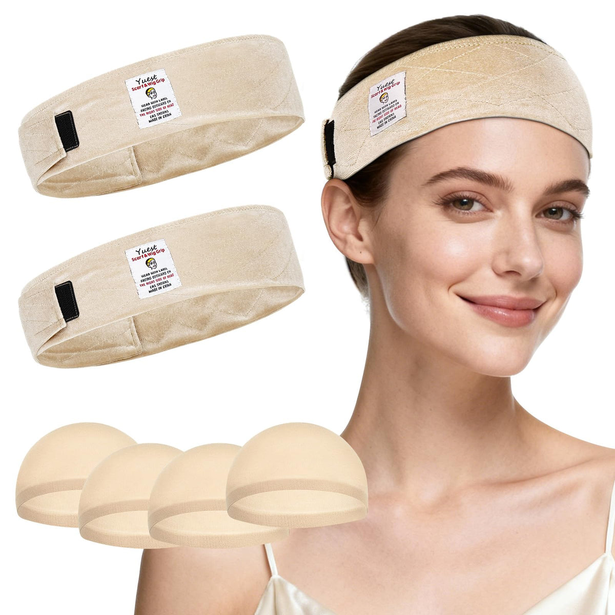 Yuest wig cap and bands laid out showing included accessories