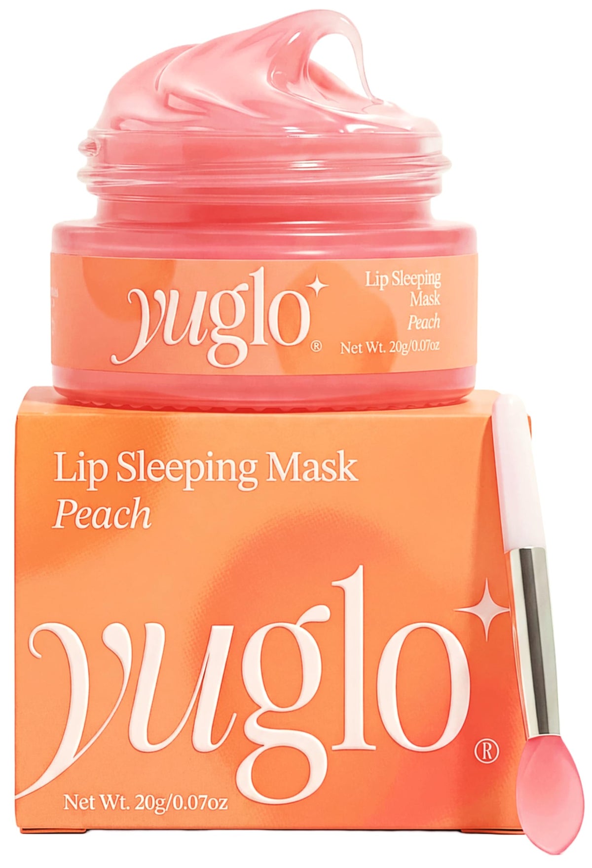 YuGlo jar front view showing peach label and travel-friendly design