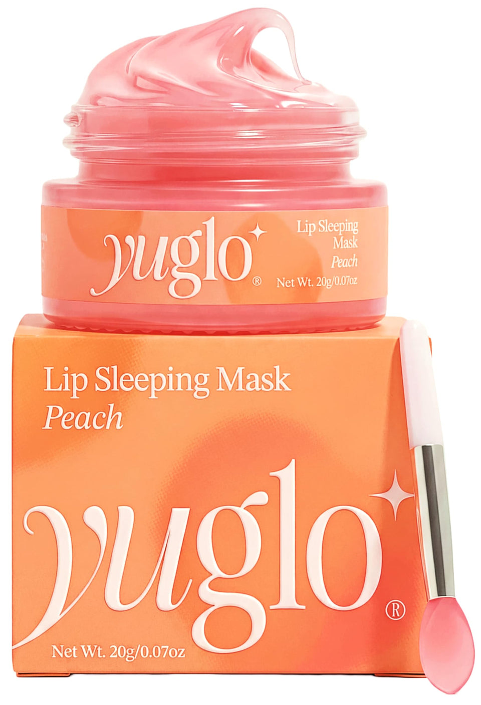 YuGlo jar front view showing peach label and travel-friendly design