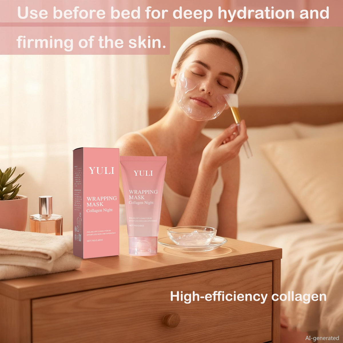 YULI mask on bedside table at night, portraying overnight use and convenience benefit