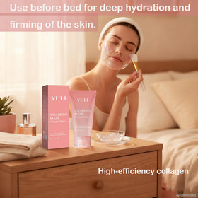 YULI mask on bedside table at night, portraying overnight use and convenience benefit