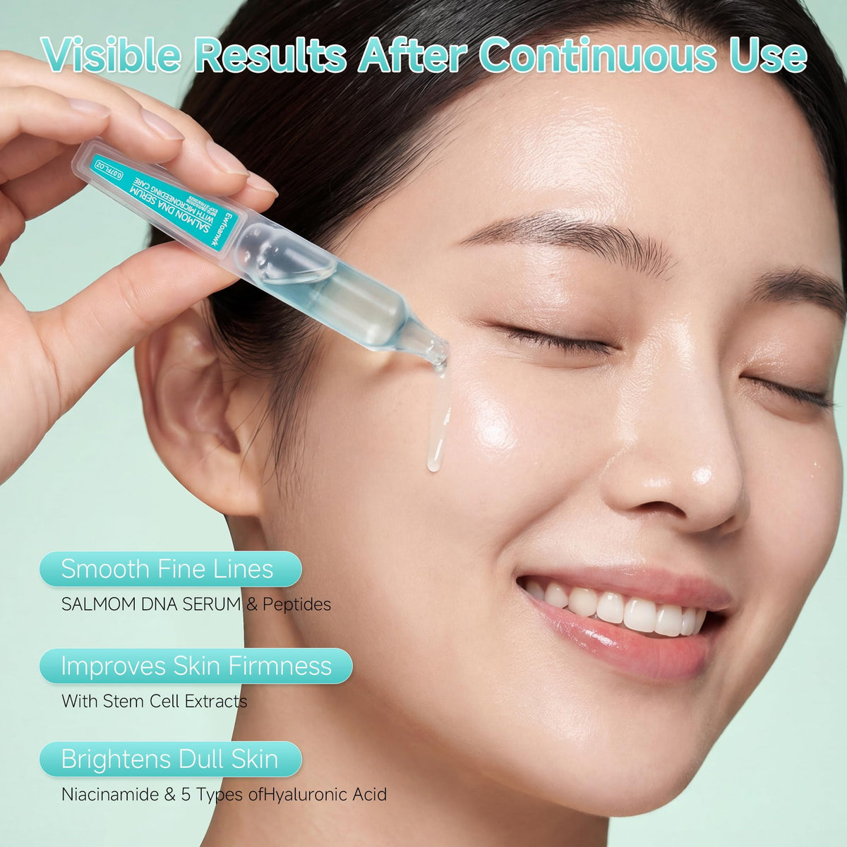 YUOJUNES ampoule closeup revealing glass vial detail and clear serum for freshness