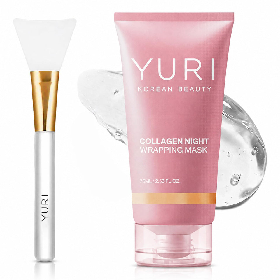 YURI BEAUTY jar front packaging showing collagen night mask benefits