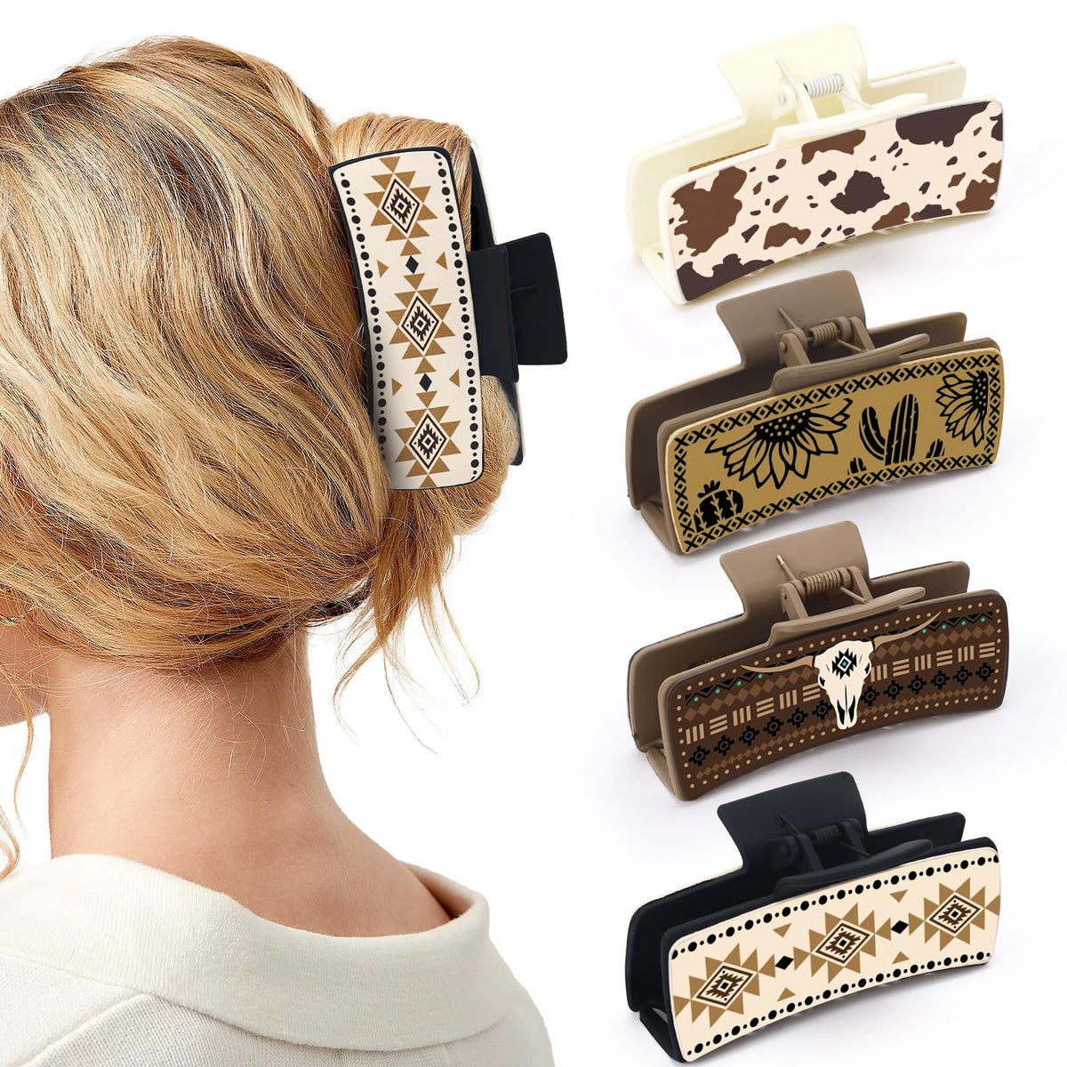 Yussti front view of four western claw clips showing all designs and secure hold benefit