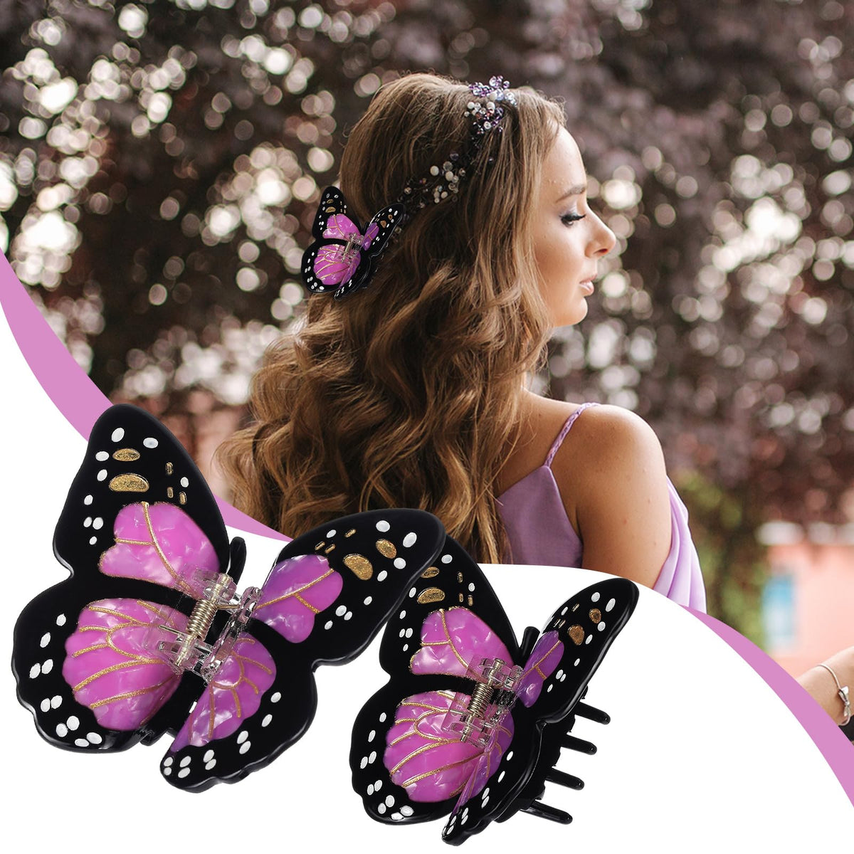 Yuxung clip worn in half-up hairstyle showing decorative butterfly accent