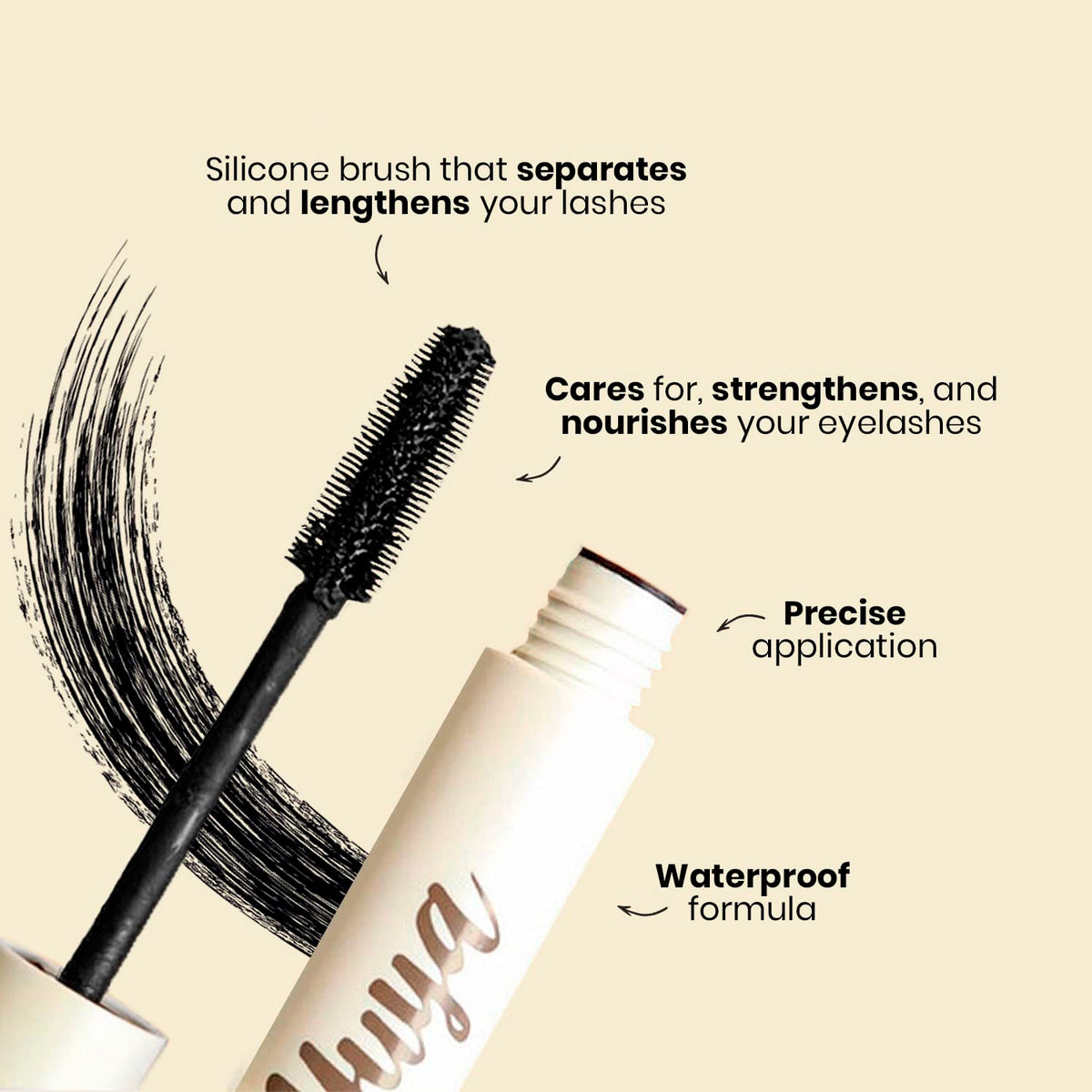 YuYa mascara ingredients display with oils showing nourishing benefits