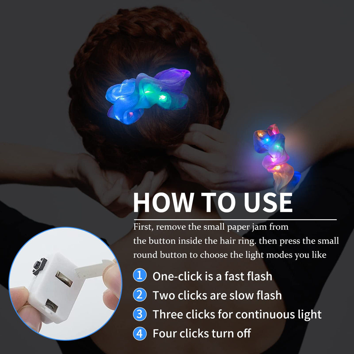 Yuztousp scrunchie in ponytail at night adding visible glow for parties
