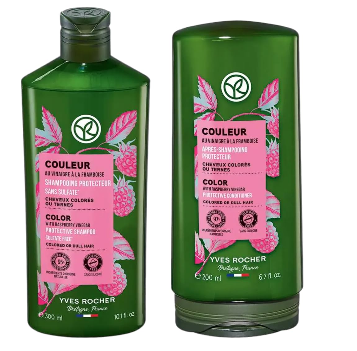 Yves Rocher front packaging of shampoo and conditioner set showing brand and size, for color protection