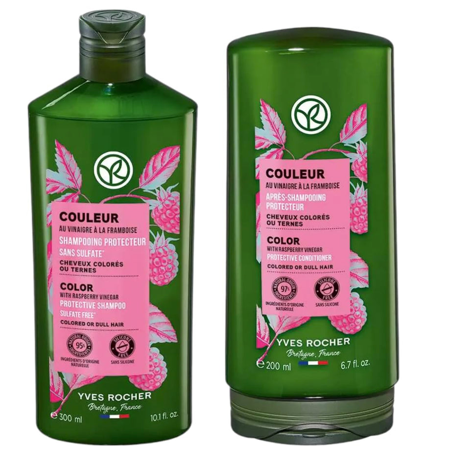 Yves Rocher front packaging of shampoo and conditioner set showing brand and size, for color protection