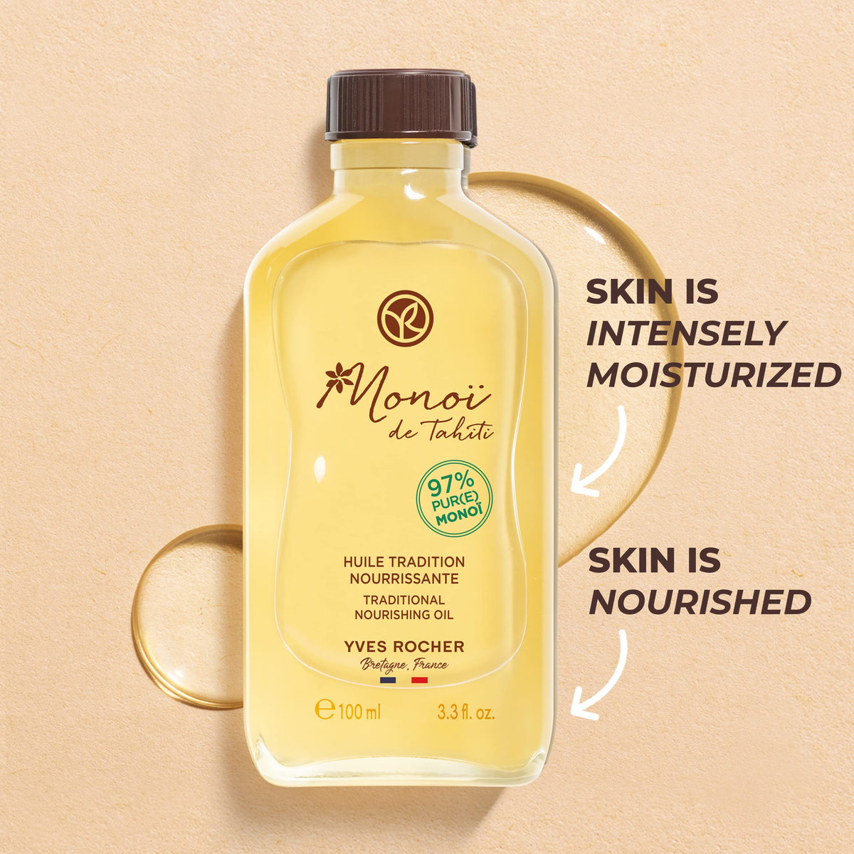 Yves Rocher oil being smoothed onto skin for instant hydration and glow