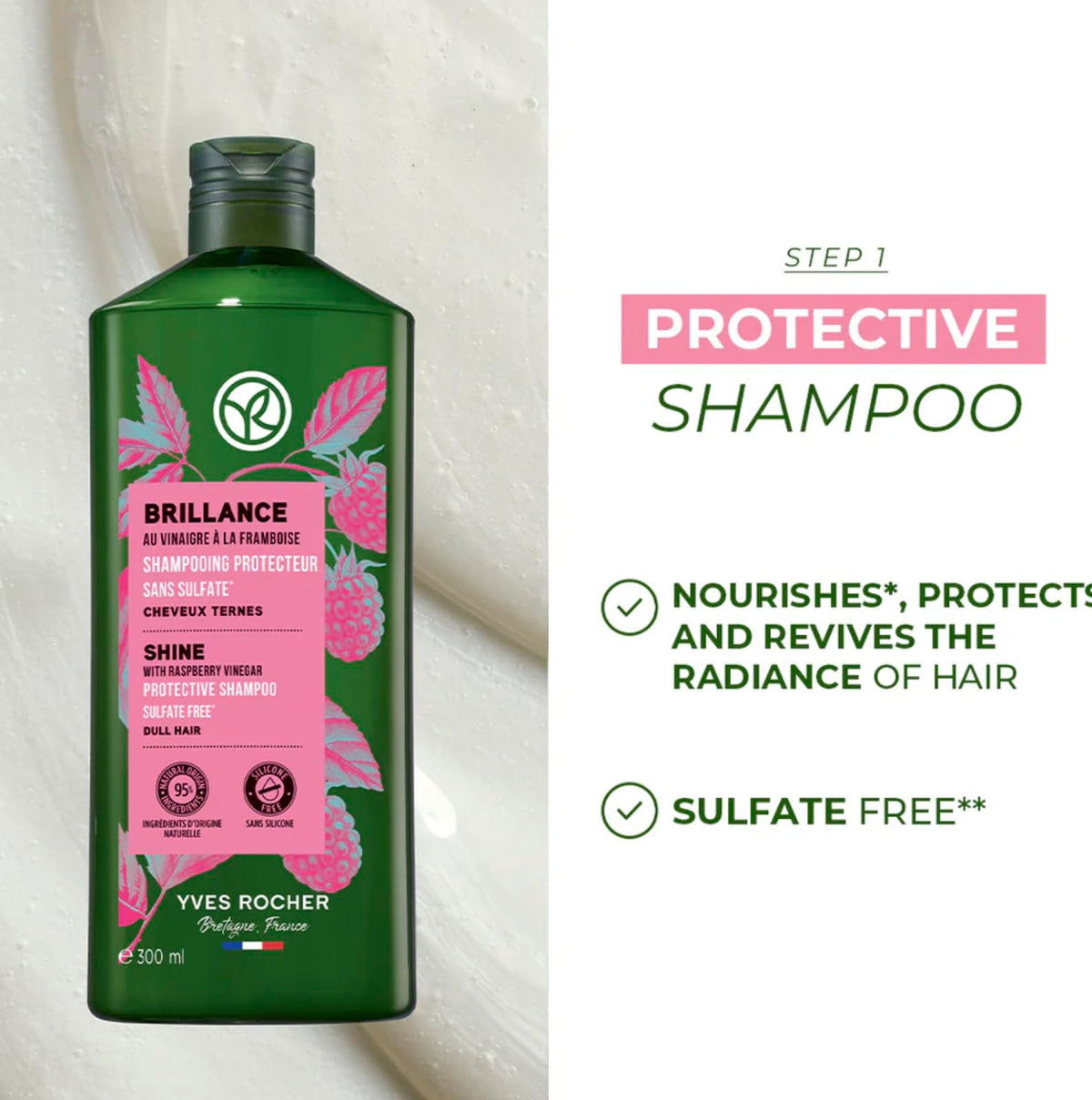 Yves Rocher milk-gel shampoo texture close-up showing lightweight lather for gentle cleansing