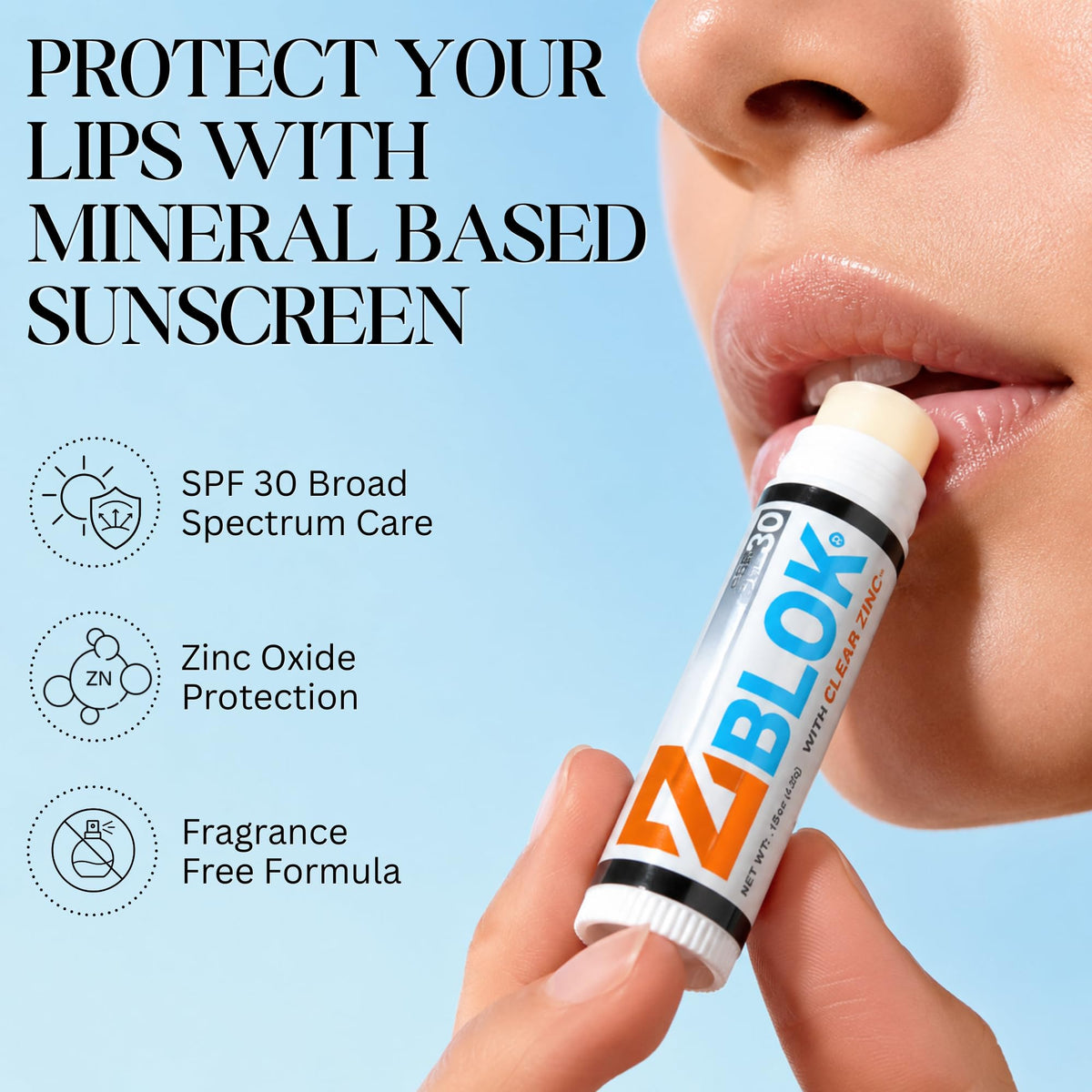 Z Blok close-up texture on lips highlighting smooth, clear finish