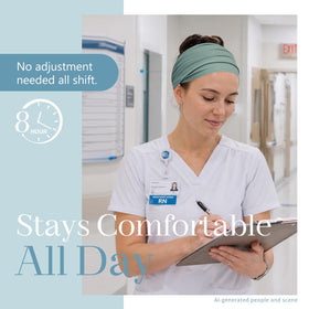 Z-CHARMMY headband worn by a nurse demonstrating secure hold during shift