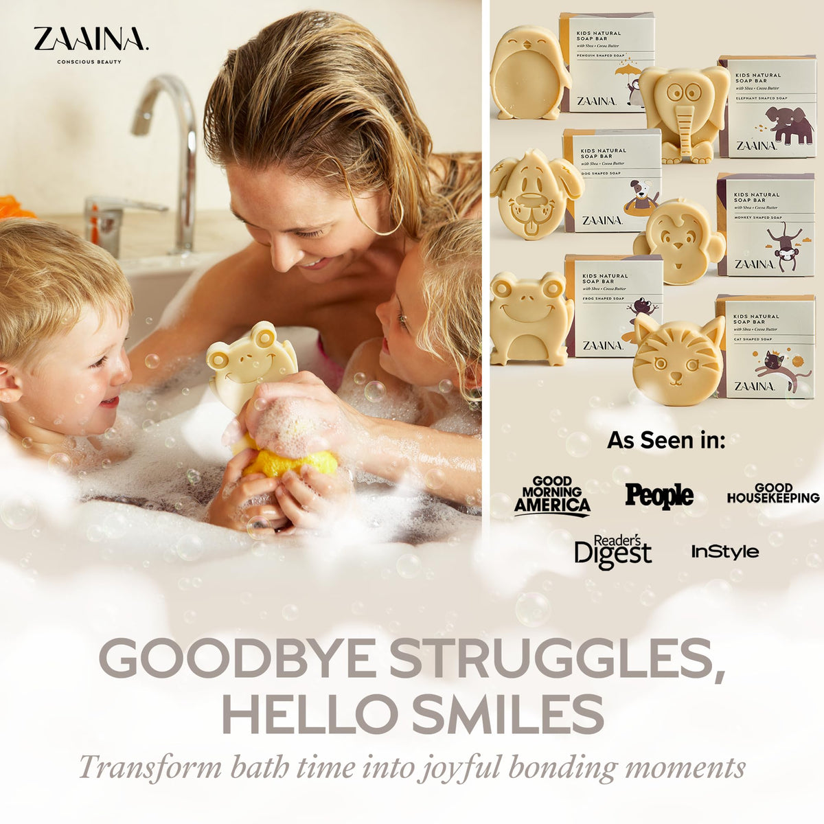 ZAAINA close-up of animal-shaped soaps highlighting playful details and safety