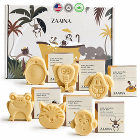 ZAAINA front packaging showing six colorful animal soap bars and benefits