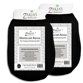 Zakia's Morocco front packaging showing two black kessa mitts for value and convenience