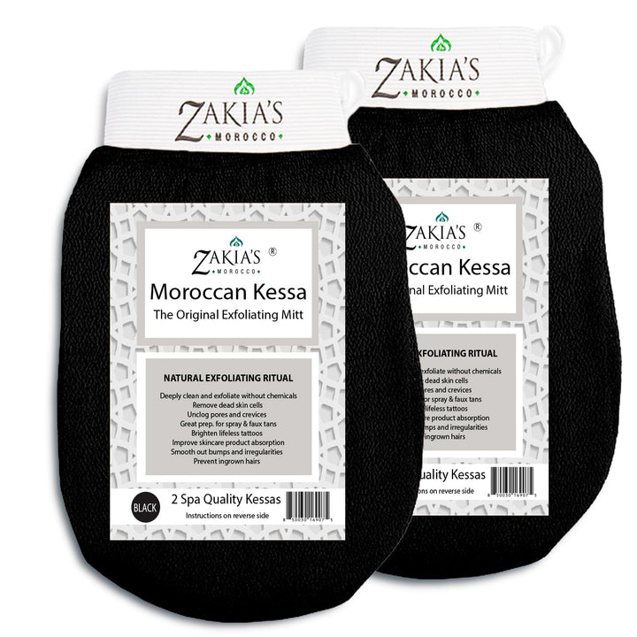 Zakia's Morocco front packaging showing two black kessa mitts for value and convenience