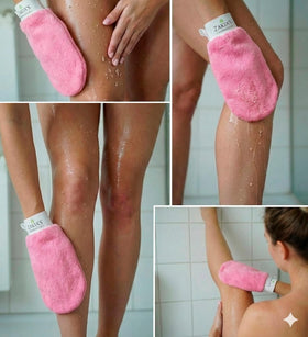 Zakia's Morocco mitt scrubbing arm demonstrating removal of dead skin