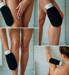 Zakia's Morocco mitt placed in a bathroom setting suggesting spa-like, at-home routine
