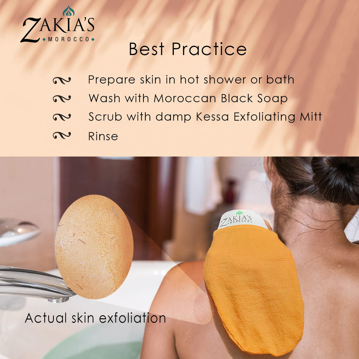 Zakia's Morocco mitt used in shower demonstrating gentle scrubbing for smoother skin
