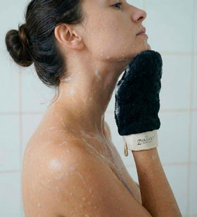 Zakia's Morocco mitt hanging to dry illustrating care and long-lasting product hygiene