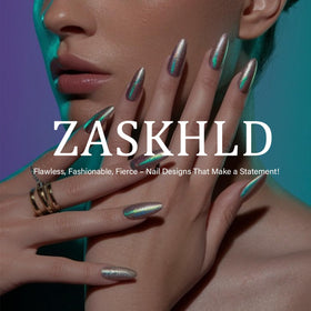 ZASKHLD lifestyle shot on a summer table, showcases seasonal, photo-ready nail style