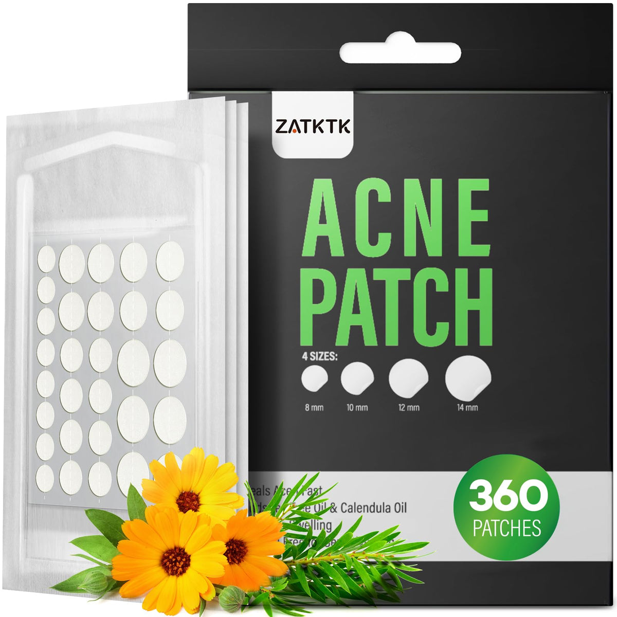 ZATKTK front packaging showing 360 hydrocolloid patches and sizes, clear product overview