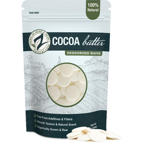 Zatural front packaging showing deodorized cocoa butter wafers benefits freshness