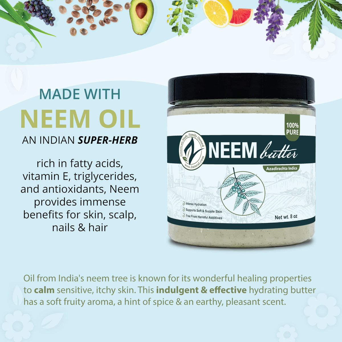 Zatural neem butter with coconut and marula bottles highlighting natural ingredients benefit