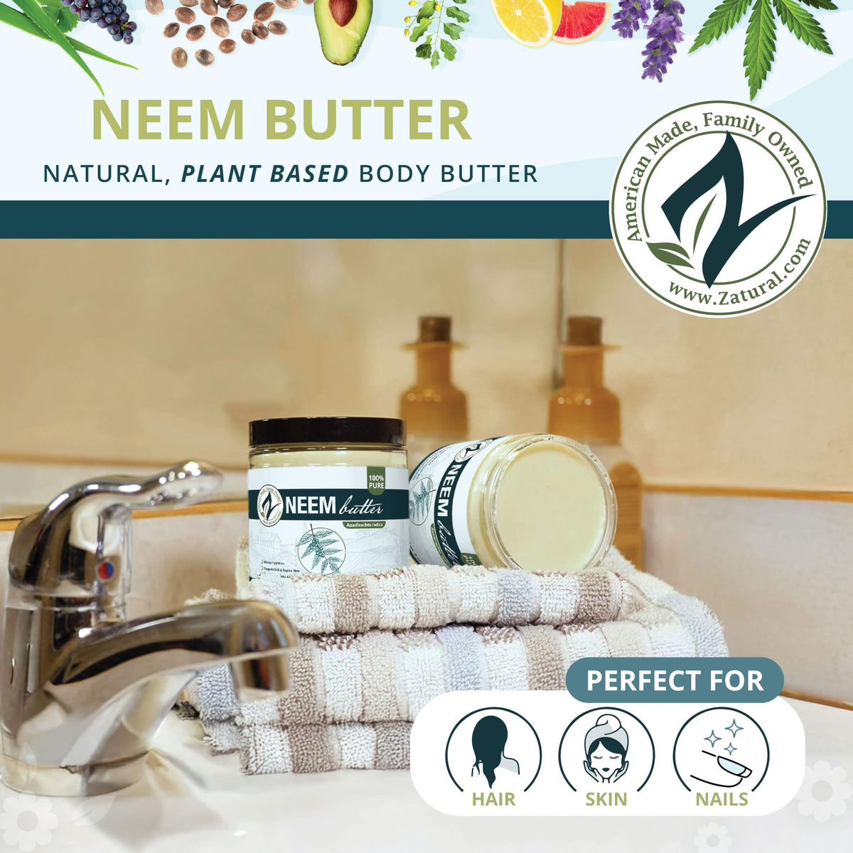 Zatural neem butter open jar close-up texture showing creamy melt-in benefit