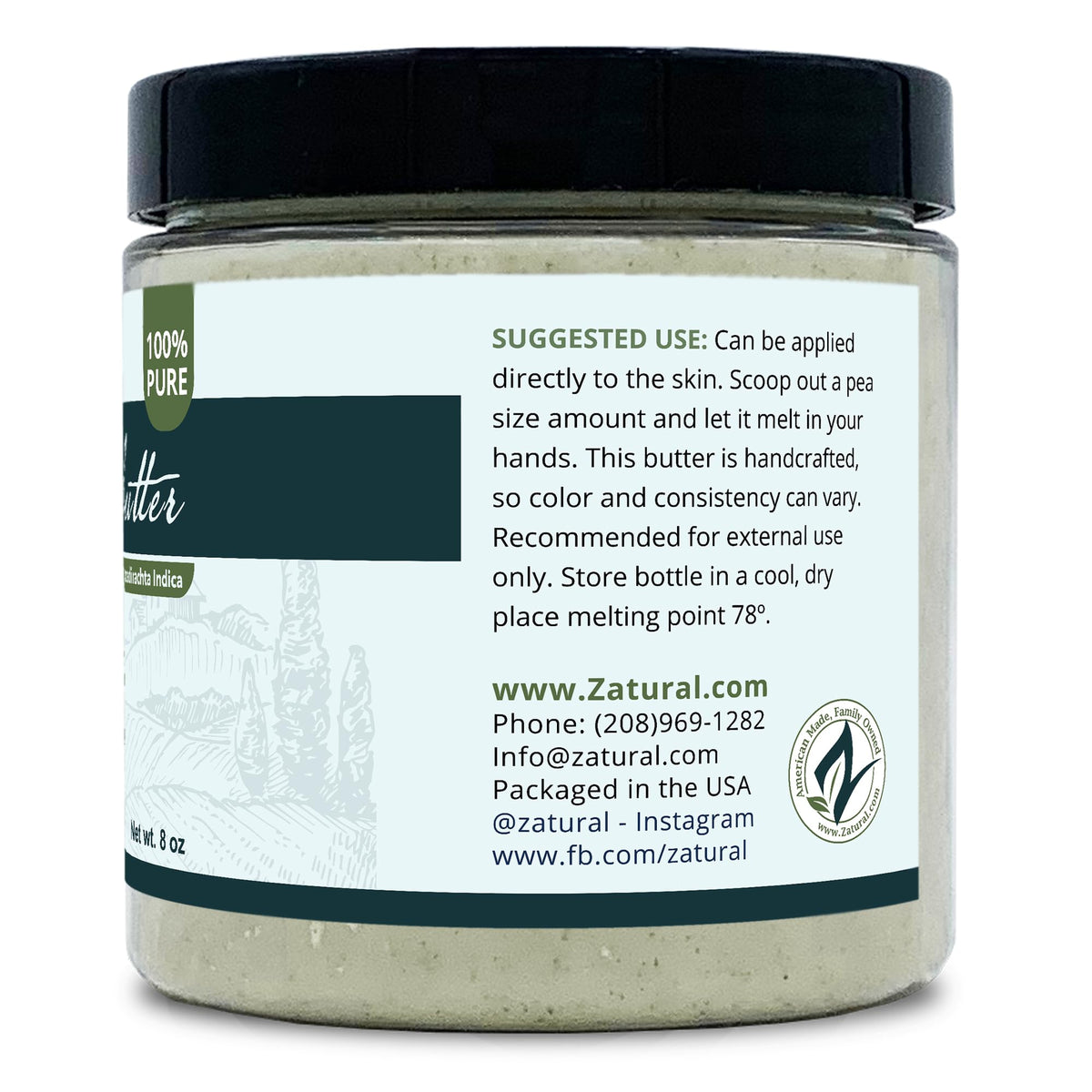 Zatural neem butter next to an 8 oz scale for size reference and lasting supply benefit