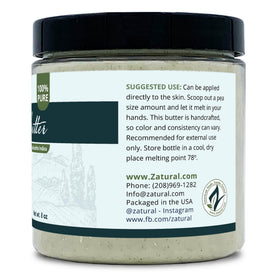 Zatural neem butter next to an 8 oz scale for size reference and lasting supply benefit