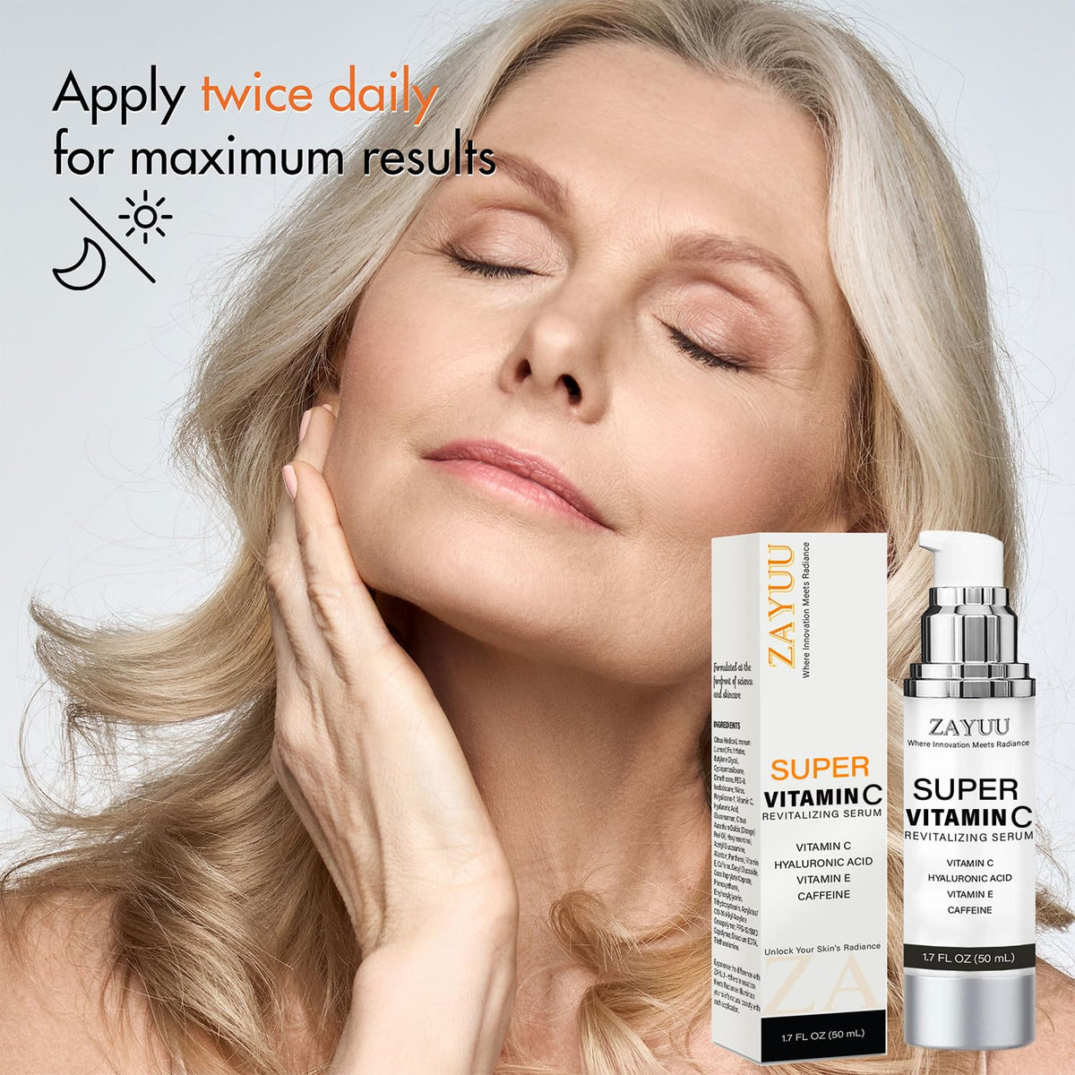 ZAYUU lifestyle before-and-after calm lighting showing brighter skin