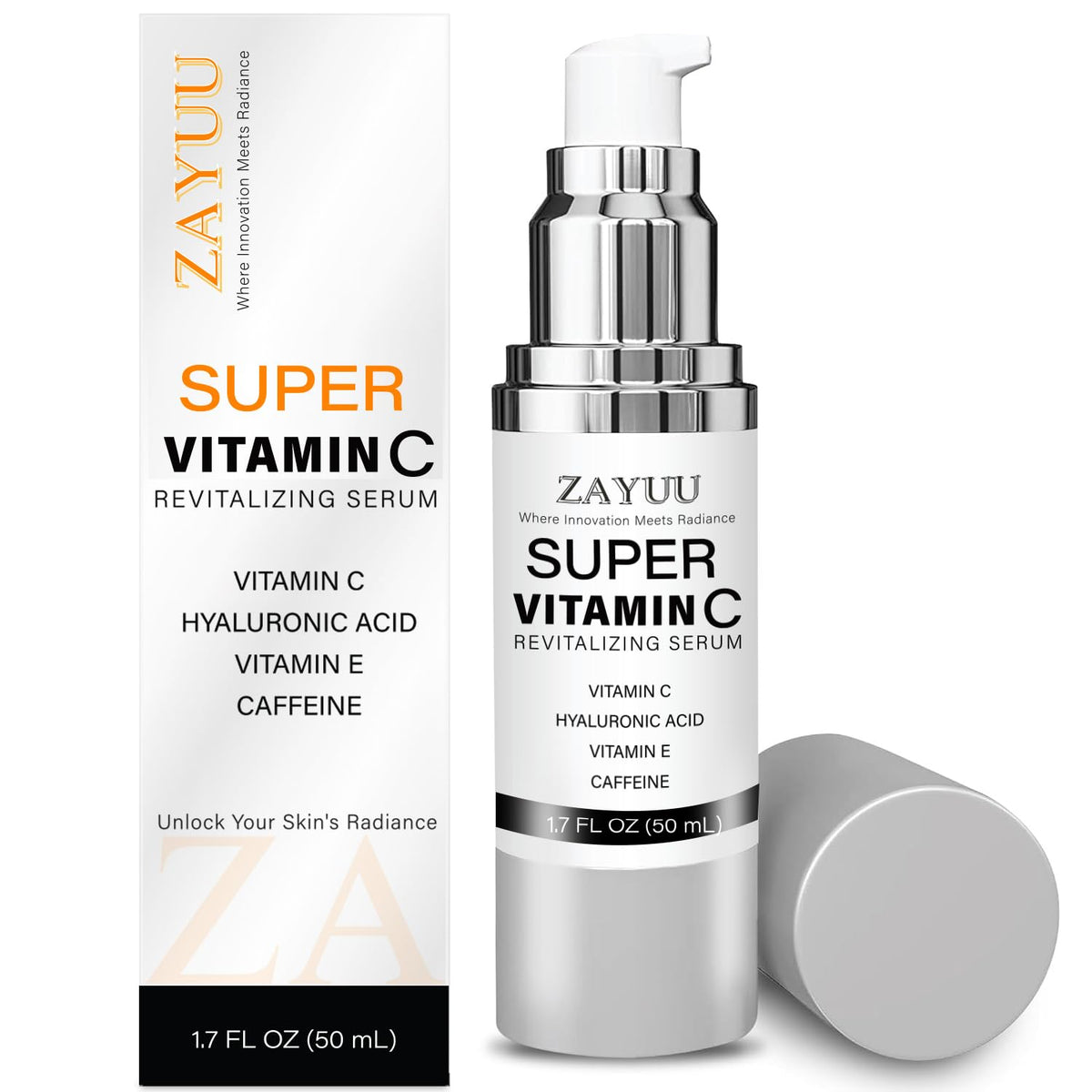 ZAYUU front packaging displaying serum bottle and benefits