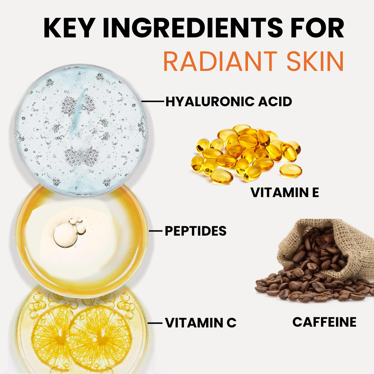 ZAYUU ingredient flatlay with hyaluronic acid and vitamin C for brightening