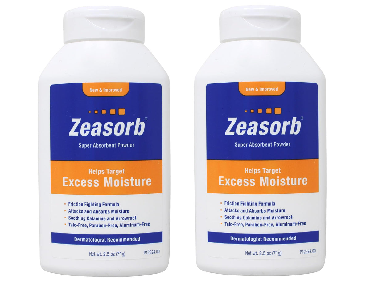zeasorb front packaging shows brand and twin 2.5 oz tins for portable moisture control