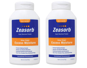 zeasorb front packaging shows brand and twin 2.5 oz tins for portable moisture control