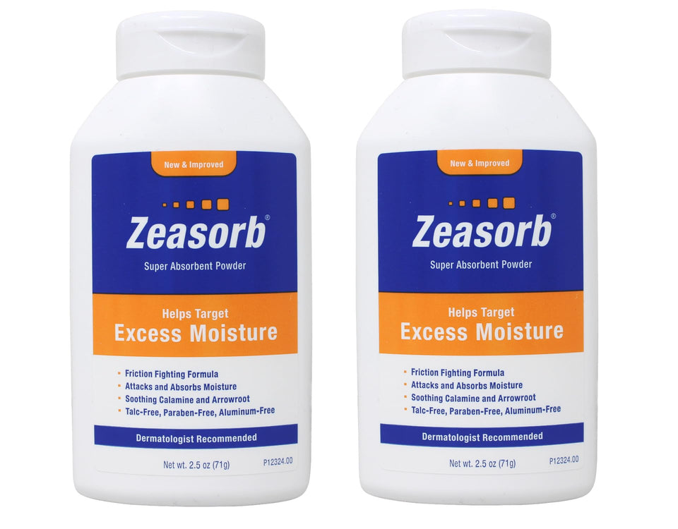 zeasorb front packaging shows brand and twin 2.5 oz tins for portable moisture control