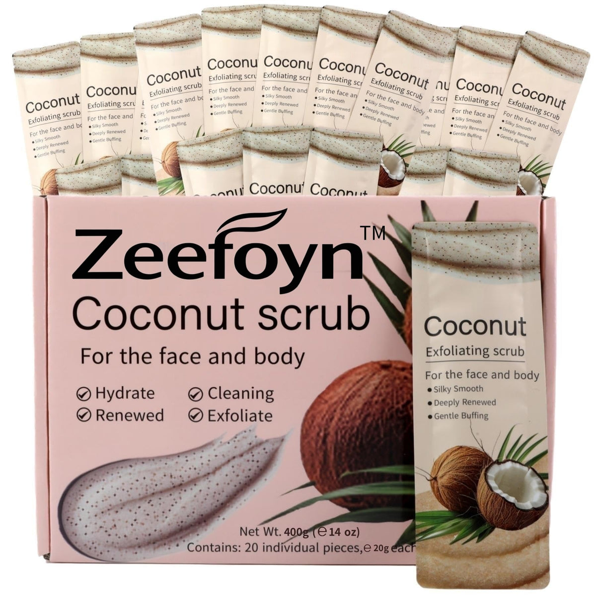 zeefoyn front packet display showing 20 individually wrapped travel scrubs benefits hygienic convenience