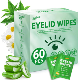 Zeefpod front packaging showing 60 individually wrapped eyelid wipes for convenient hygiene