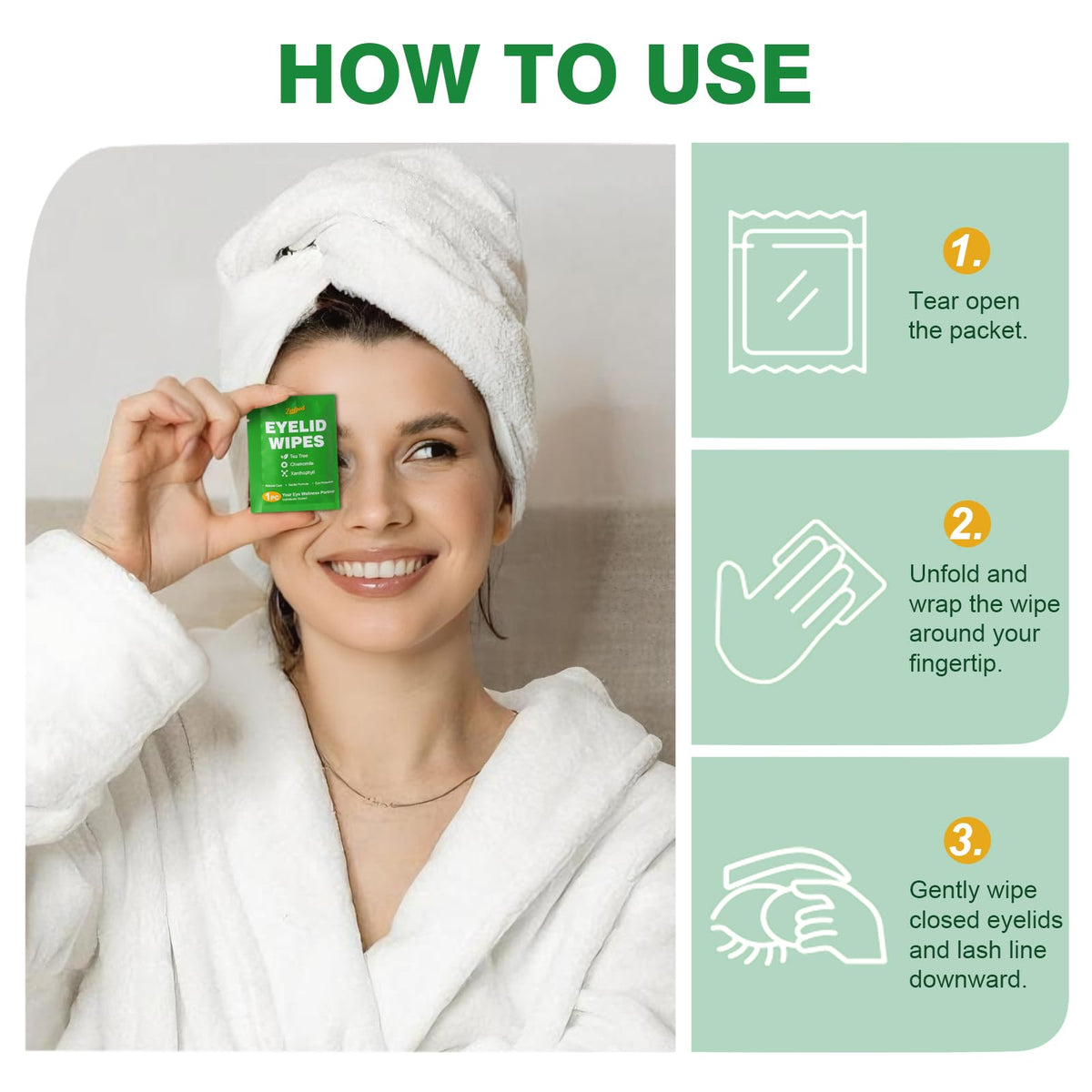 Zeefpod wipe in use on eyelid gently removing debris and hydrating