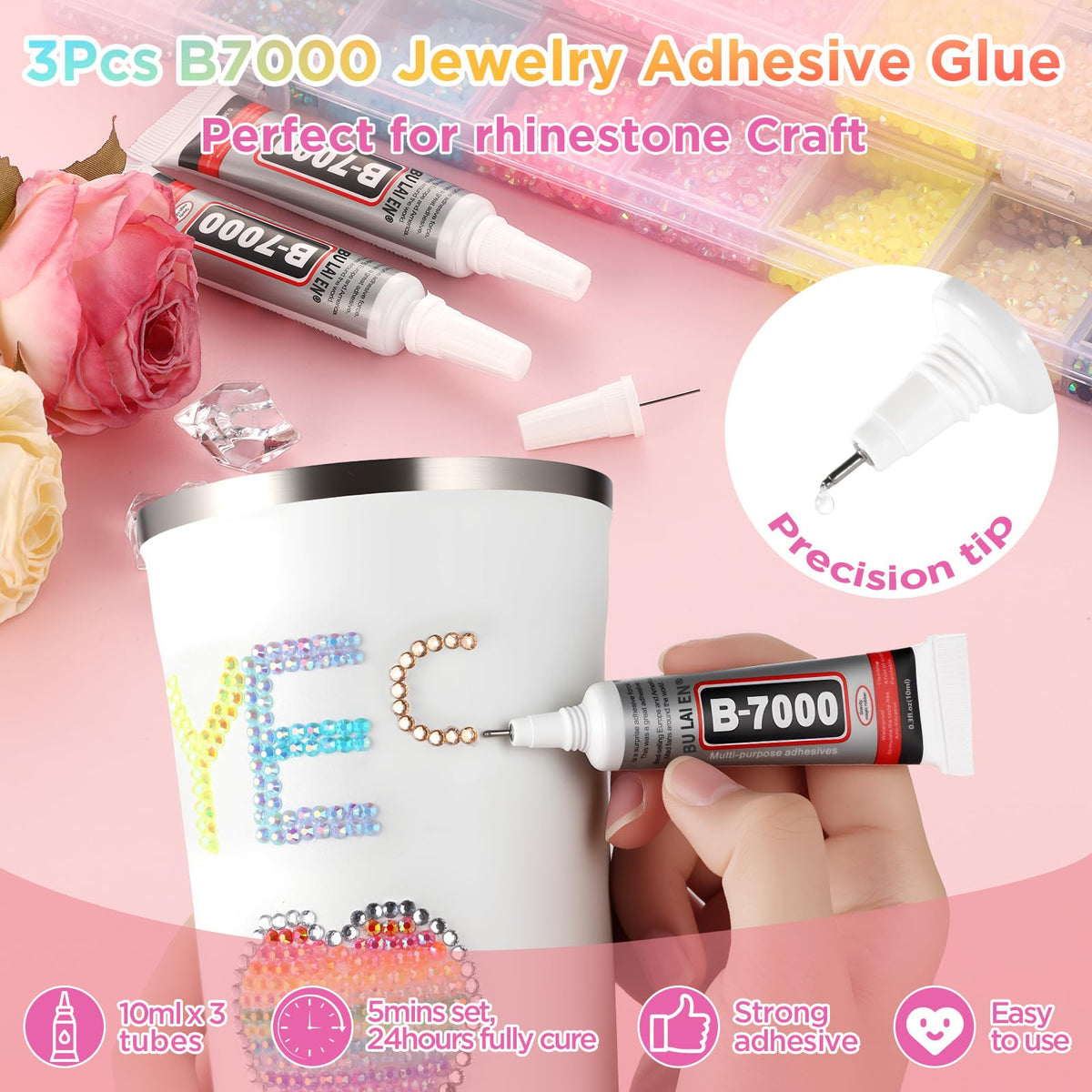 Zefy close-up of resin rhinestone texture showing durable glossy finish and color