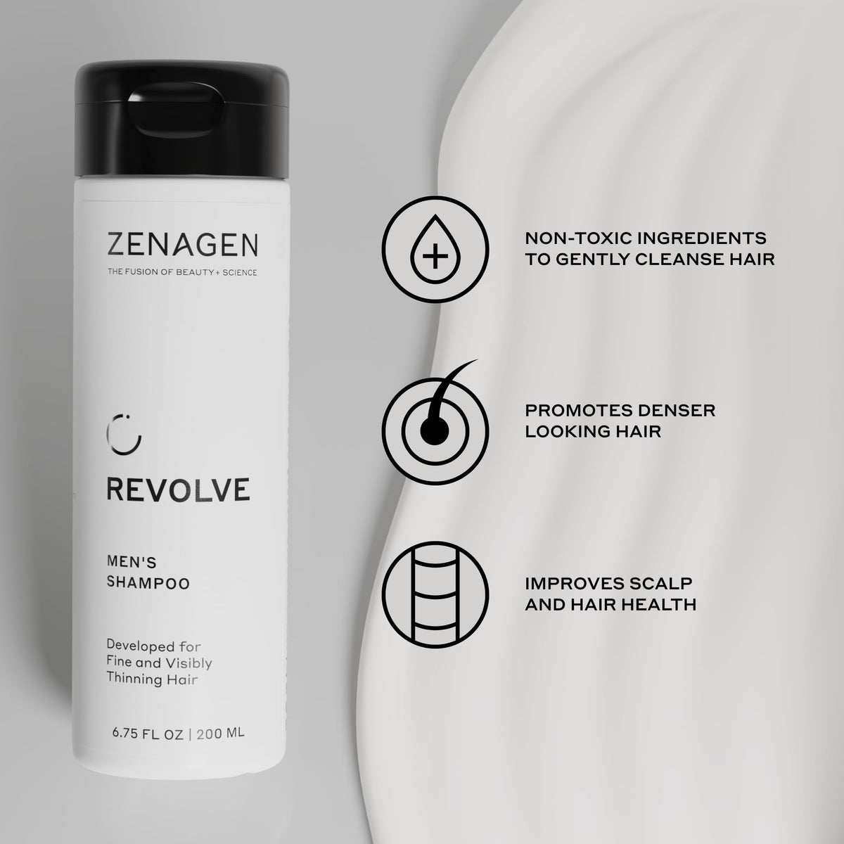 Zenagen Revolve closeup of bottle cap and finish, emphasizes quality packaging and easy dispensing benefit