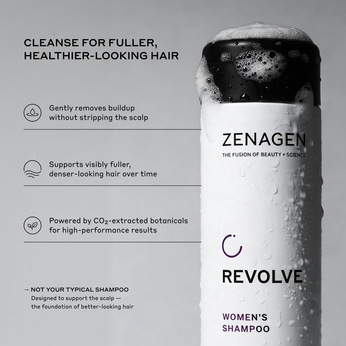 Zenagen Revolve shampoo texture on palm demonstrating gentle lather